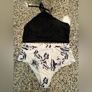 Black Halter Bikini Top with White Floral High-Waist Bottom